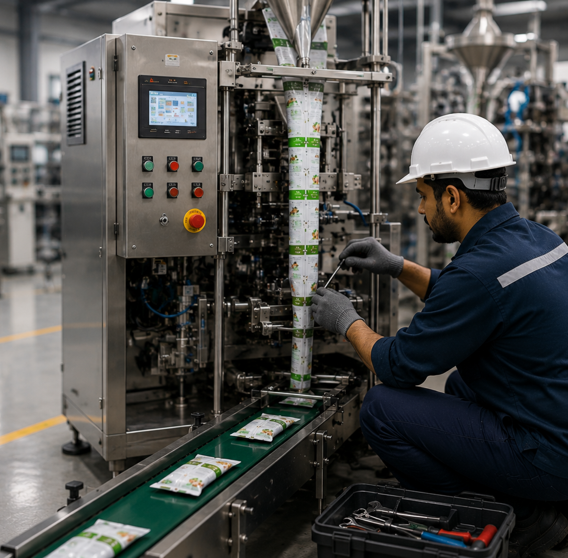 Technician working on an industrial packaging machine